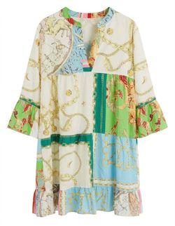 Italian Patchwork Mini Dress Spliced Chain Astrology Print Tiered Tunic