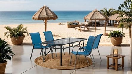 💎5 PIECE OUTDOOR DINING SET BLUE FABRIC WATER UV RESISTANT PATIO POOL-SIDE💎