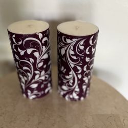 Vintage Purple Scroll Pillar Pair Of Candles - Christmas/ Floral Arrangements/ Holidays/decor 