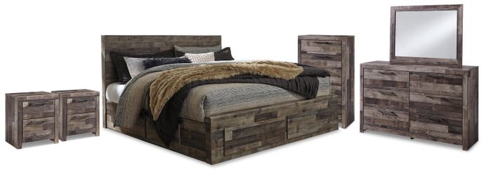Derekson Multi Gray King Panel Storage Bed, Dresser, Mirror, Chest and 2 Nightstands (Online Special Price)