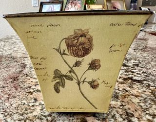 Vintage decorative toleware hand painted flower illustration and French script, sheet metal bin, pot, container or planter