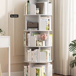 5 Tier Rotating Bookshelf, Wood Spinning Bookshelf Tower, Round Revolving 360 Bookcase, White