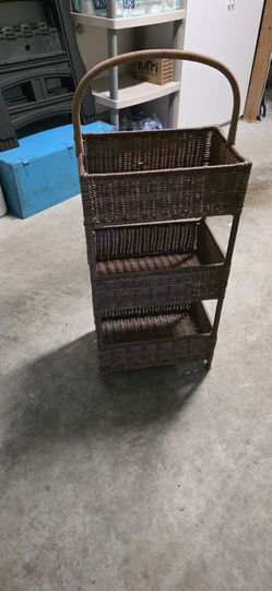 Steel and wicker three tier basket with handle