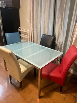 Eclectic Modern Dining Set - Glass Table & 4 Genuine Leather Chairs