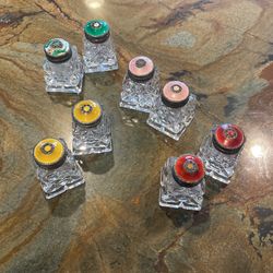 Vintage Salt And Pepper Shakers Crystal W/ Sterling Silver And Guilloche Enamel Tops - As Is