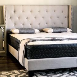 Brand New Full Size Beige Tuffed Linen Bed Frame With New Mattress/Fast Delivery 