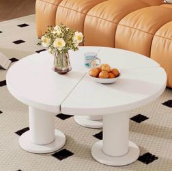 Brand new in box   Round Splice Coffee Tables for Living Room, White Coffee Table with 3 Thick Legs, 39.4" Rectangular Coffee Center Table Irregular E