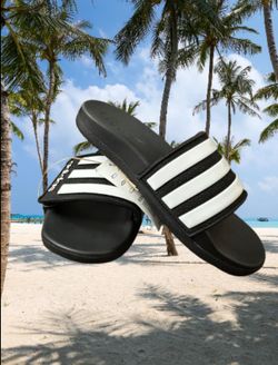 Size 1 - NEW Kid's Adidas Adilette Comfort Adjustable Slides Black/White (EG1879)