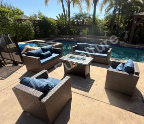 NEW🔥Outdoor Patio Furniture Set Brown Wicker Sapphire Cushions 43" Firepit ASSEMBLED