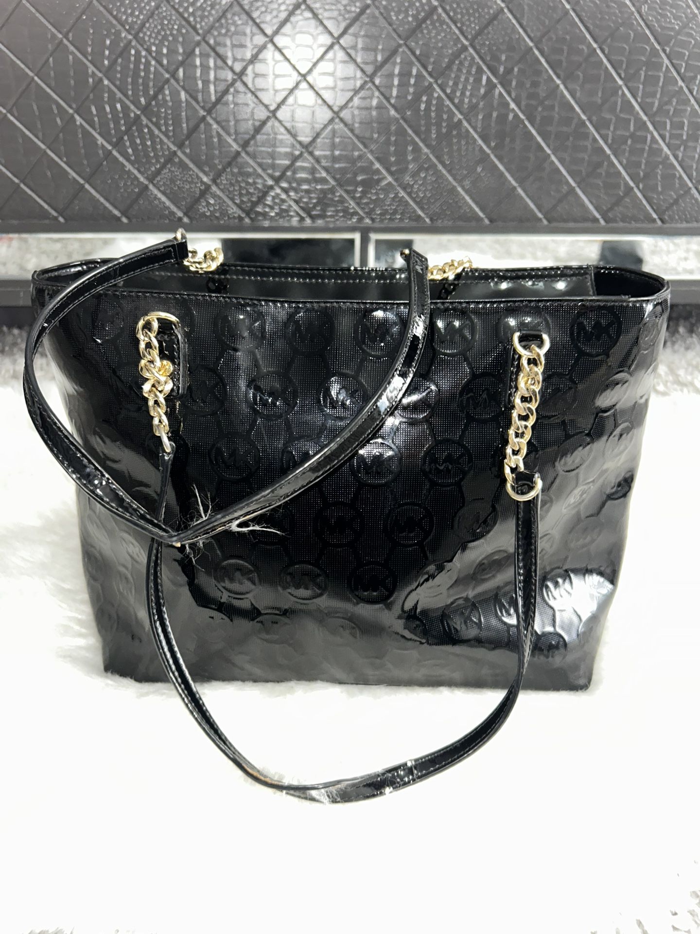 Michael Kors Shiny Black Tote with Gold Chains