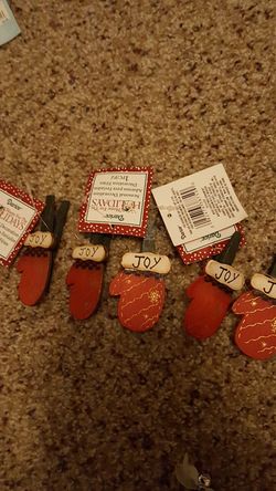 Wooden clip JOY ornaments x5
