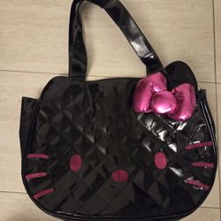 Hello Kitty Vintage Large Shoulder Tote Bag Patent Black And Fuschia