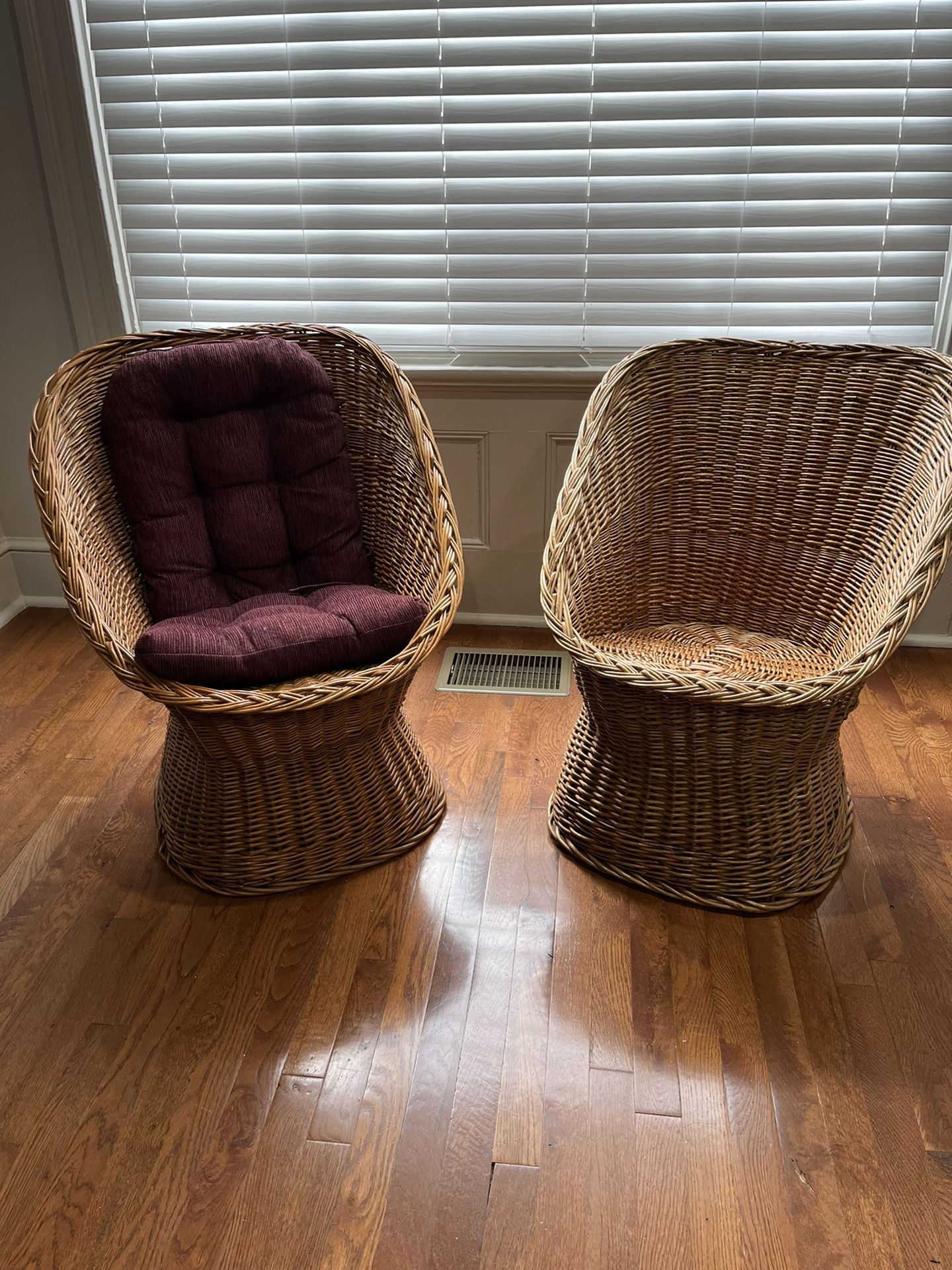 Great Pair Boho Vintage Rattan Wicker Scoop Barrel Egg Chairs