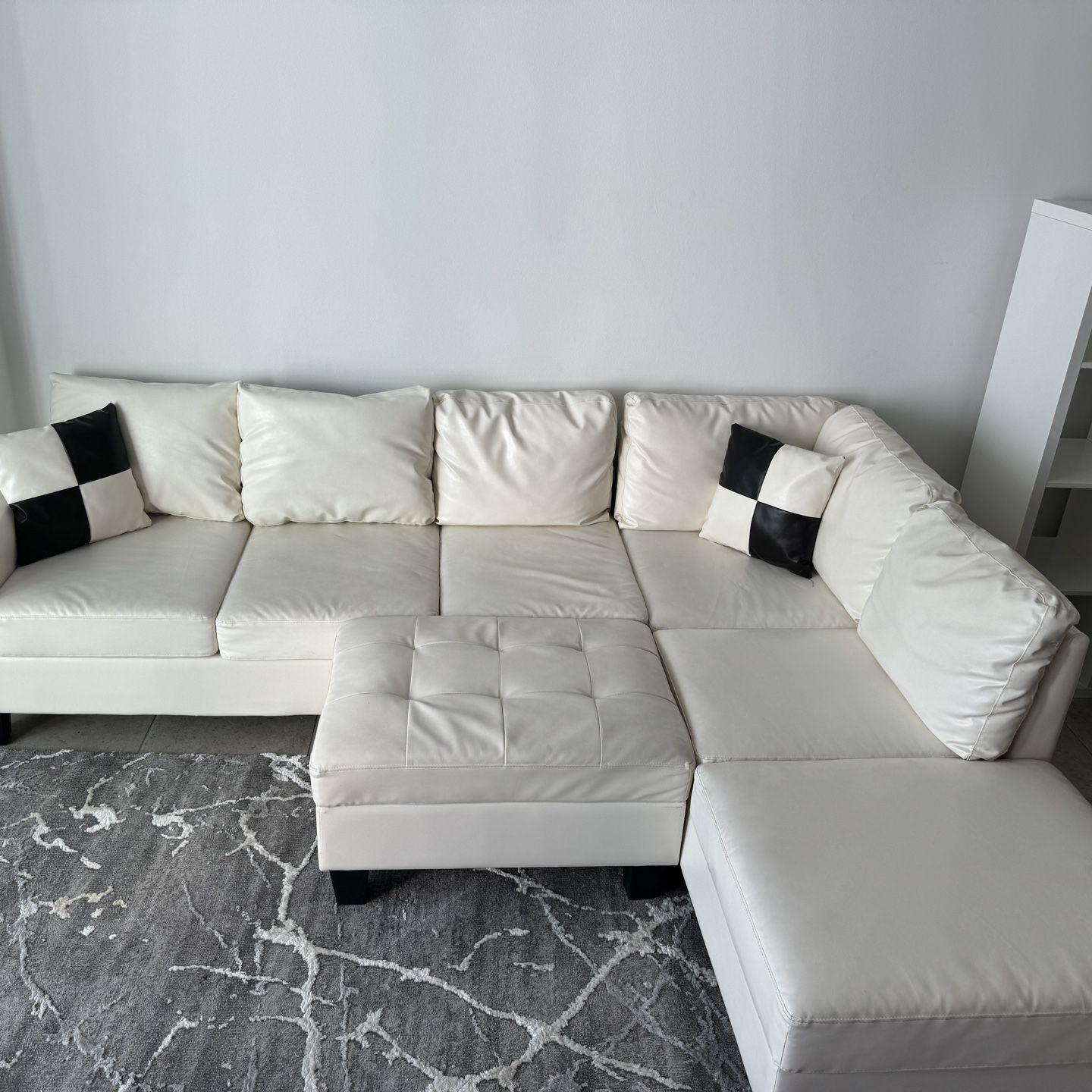 White / Cream Leather Large Sectional Sofa With Storage Ottoman
