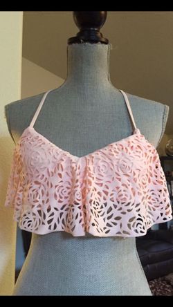 Pink Bikini top floral swimsuit padded strappy back Medium!
