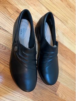 New Clarks Hope Roxanne Black Slip-On Comfort 1.25" Wedge Loafers Women's US 9 M