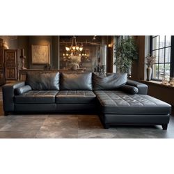 Modern Dark Charcoal Leather Sectional Sofa with Chaise & Ottoman (3 Pieces)