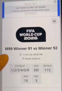 FIFA World Cup 2026 Quarterfinals In Miami. Game 99. Section 115, row 16. 2 Category 1 Seats.