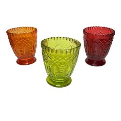 Vintage Hobnail Cut Glass 4" Candle Votive  Holders Set of 3 Red Green Orange