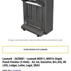 Lexmark - 26Z0081 - Lexmark MS911, MX91x Staple Punch Finisher (3-Hole) - A3, A4, Executive, B4 (JIS), B5 (JIS), Ledger, Letter, Legal, SRA3