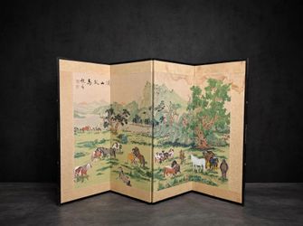 Vintage 4-Panel Folding Screen - Hundred Horses Landscape 55"W x 35"H