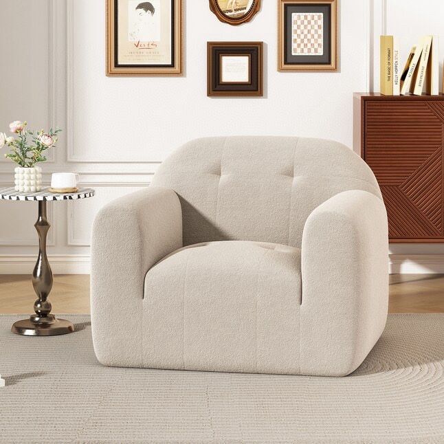 Cream Boucle Fabric Tufted Arm Chair, No Assembly Required