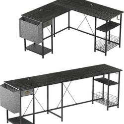 88.5inch Large L-Shaped Computer Desk with Storage Shelves Drawer, Home Office Writing Corner Desk, 2 Person Long Desk PC Laptop Workstation with Hook