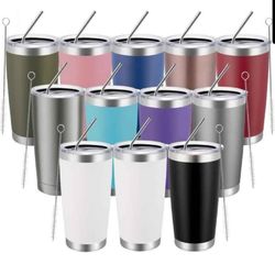 20oz Stainless Steel Tumblers Set of 12 Insulated Cups with Lids and Straws