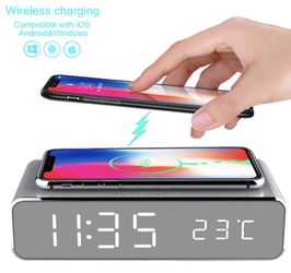 LED Smart Alarm Clock Time Temperature Display Wireless Charger Charging Pad Dock, Qi-Certified for iPhone 11, 11 Pro Max, XR, Xs Max, XS, X, 8, 8 Pl