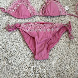 Swimsuit Pink Bikini with White Lace Trim medium triangle top swimsuit Esprit like new