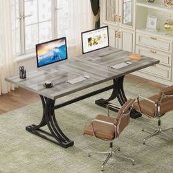 63" Large Rectangular Executive Desk, Faux Marble Table, Business Computer Desk for Home Office - Grey+Black