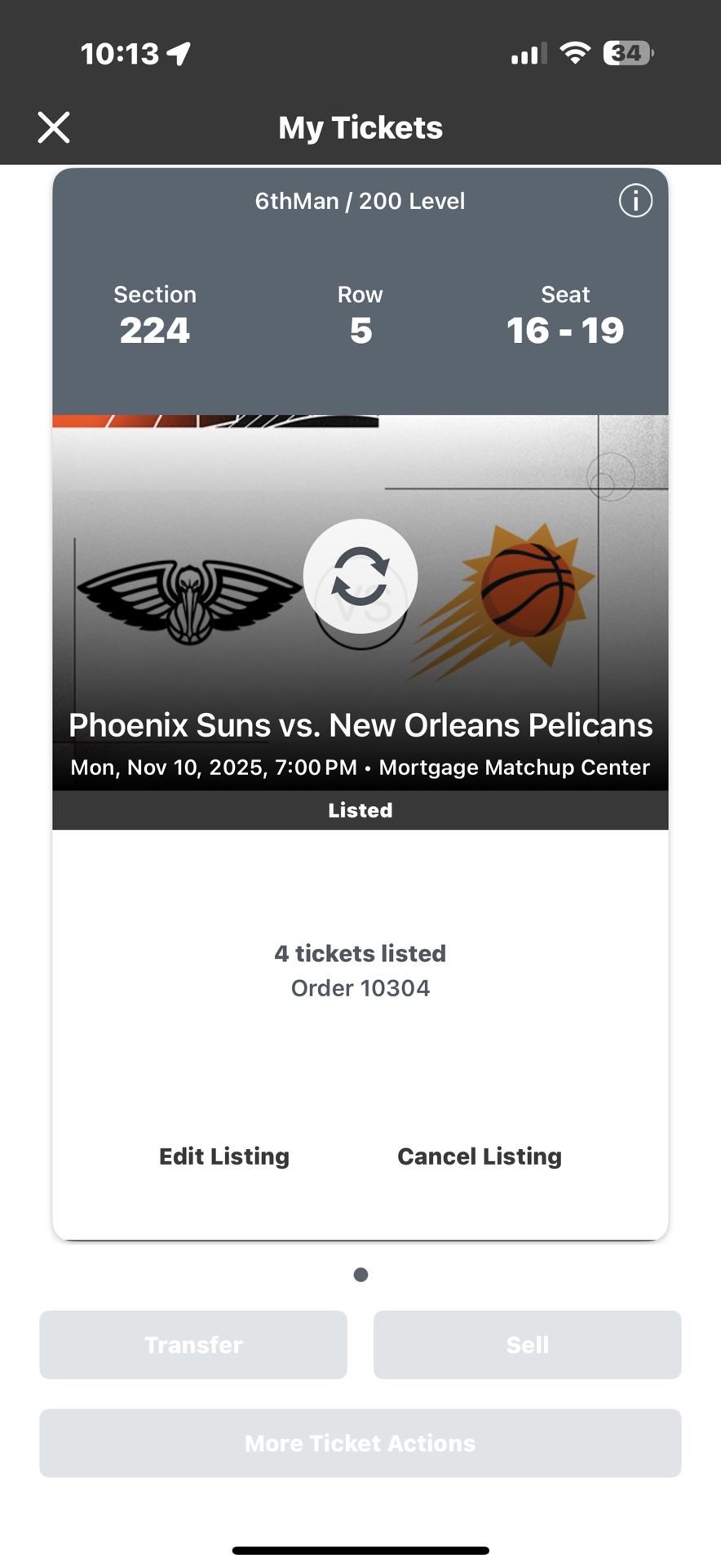Suns Vs Pelicans 4 Tickets 224 Row 5
