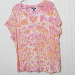 Women Pink Orange Tie Dye Short Sleeve VNeck Cotton Tunic Top 2x 