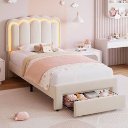 Twin Upholstered LED Bed Frame with Storage Drawer and Adjustable Chic Double Wavy Headboard, Velvet Princess Platform Bed for Kids/Girls, Solid Wood 