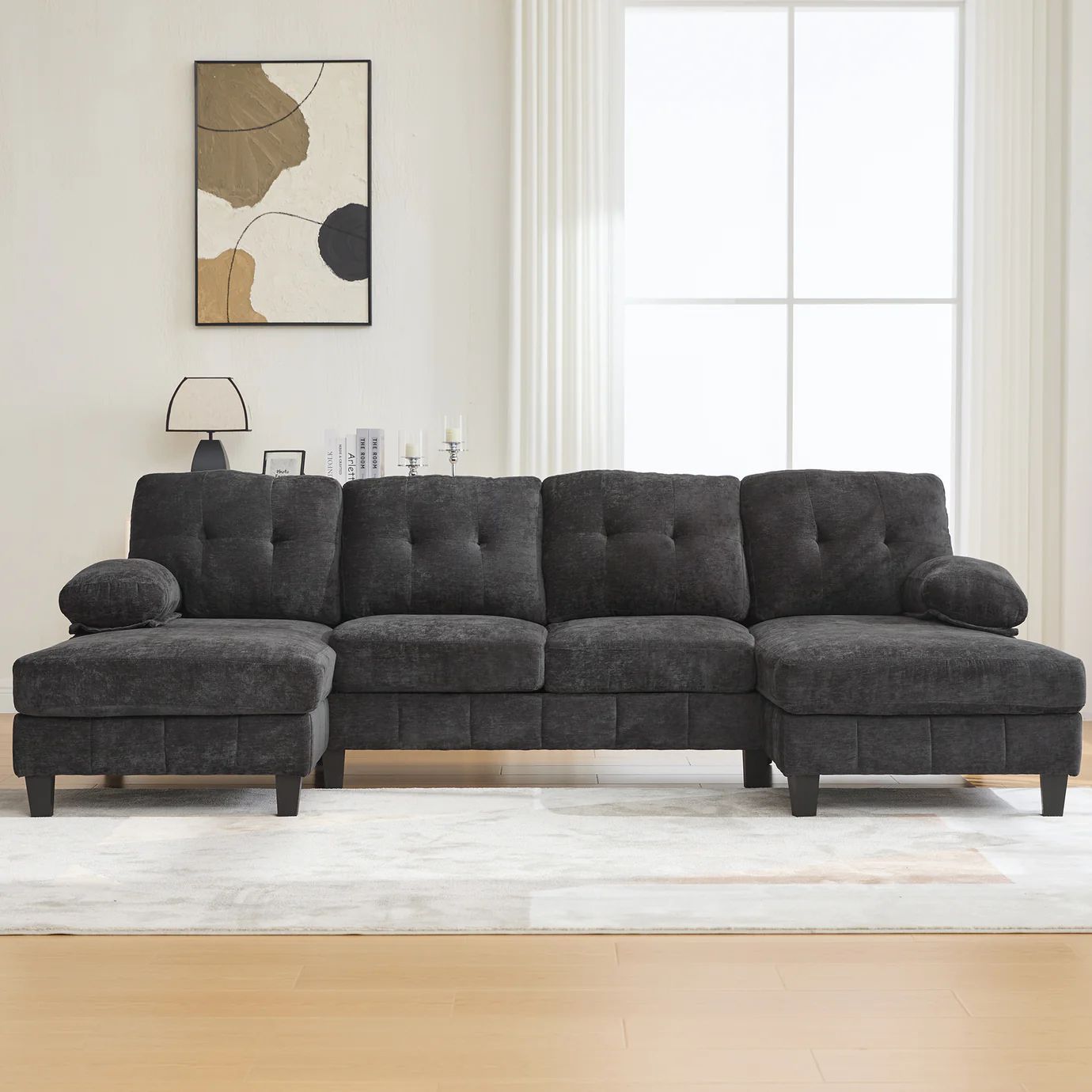 Homy Casa · Florence 104″ Black Chenille U-Shaped Sectional Sofa · Dual Chaise Lounges