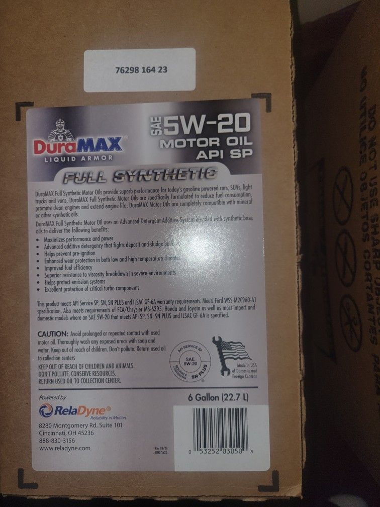 6 Gallon FULL SYNTHETIC MOTOR OIL API SP. ........SAE 5W-20 & SAE 5W-30
