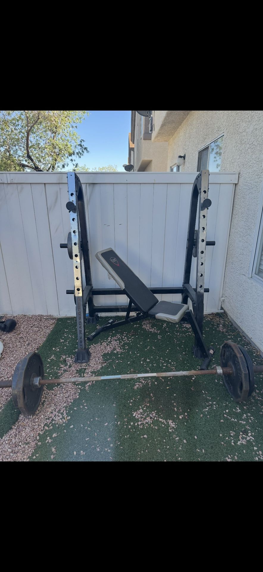 Full Home Gym - Squat Rack + Bench + Pulley System + Bars & Plates