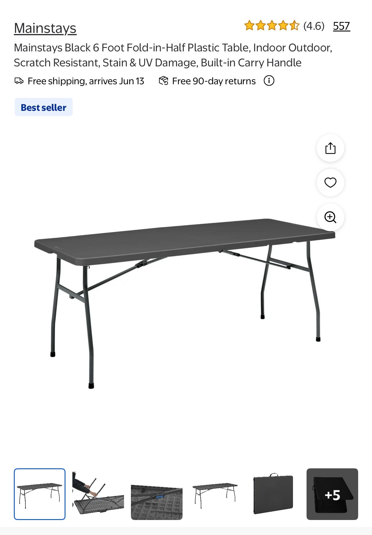 Mainstays Black 6 Foot Fold-in-Half Table