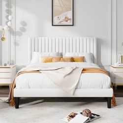 Full Size Velvet Upholstered Platform Bed Frame with Adjustable Vertical Channel Tufted Headboard, White