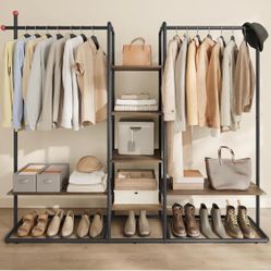 Clothes Rack with Shoe Shelf, Heavy-Duty Storage Rack, 6 Storage Shelves, 2 Hanging Rails Closet Wardrobe