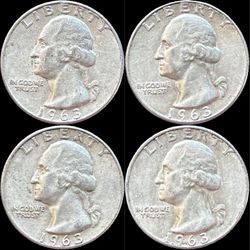 4 USA Silver Washington Quarters: all 1963-D very/extremely fine