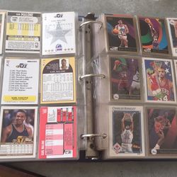 Container & folder of Baseball / basketball / football collectors cards & MAGIC JOHNSON player plaques