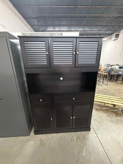 (Damaged) Hiphuta 70” Tall Modern Pantry Cabinet with Adjustable Shelves, Freestanding Kitchen Hutch Cabinet with Louvered Door for Dining Room, Black