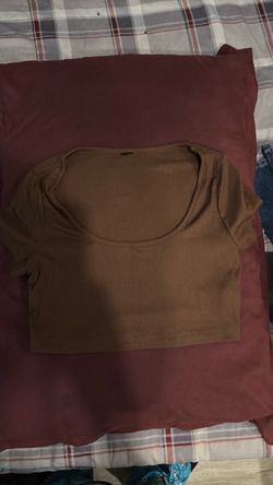 Brown Ribbed Crop Top Short Sleeve