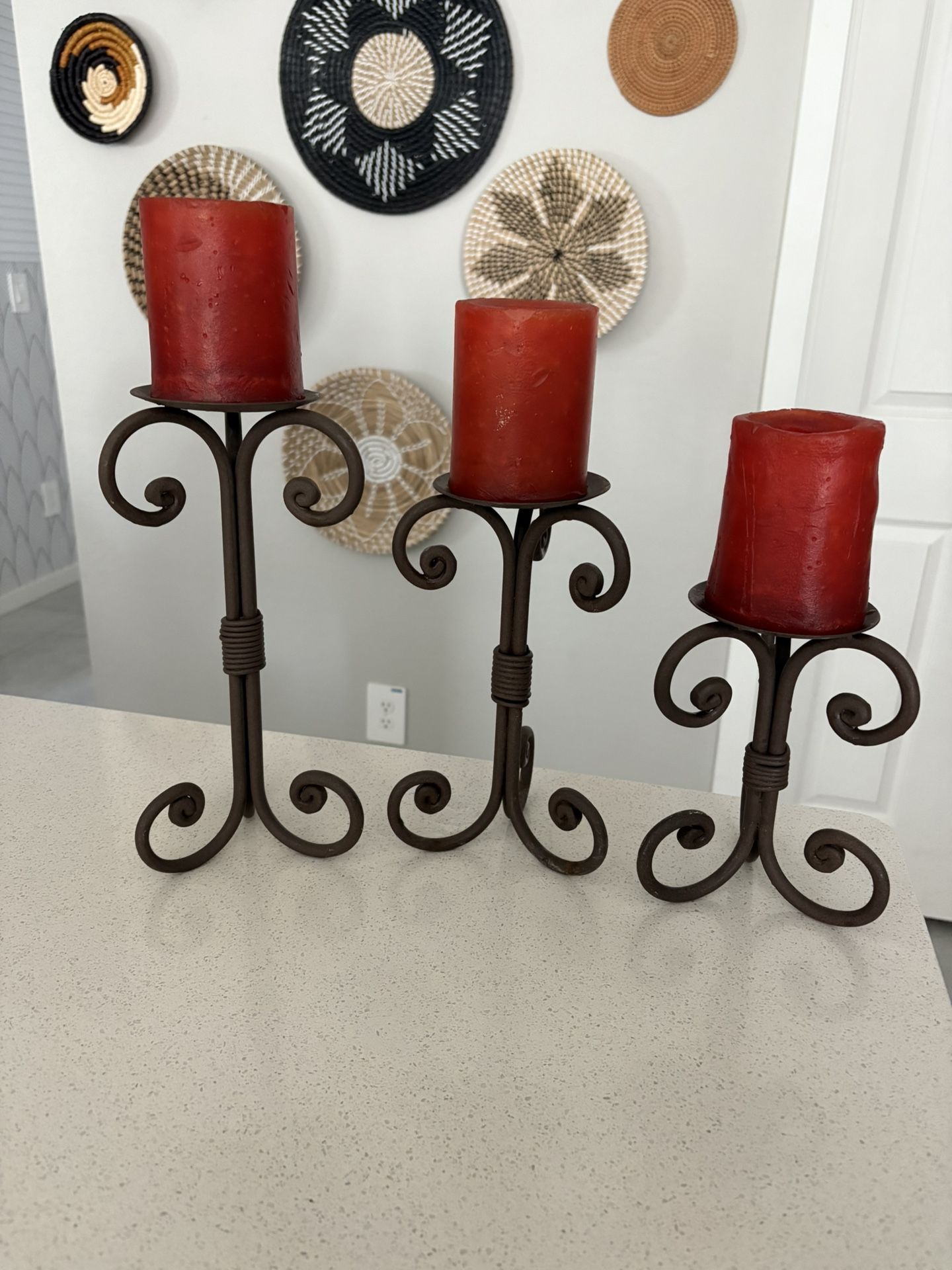 Crate And Barrel 3 Wrought Iron Candle Holders With Candles