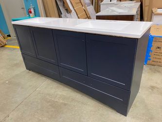 Navy Blue Double Sink Vanity with White Top and 2 Storage Drawers