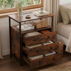 3 Wooden Drawers Night Stand, 27 Inch Wide Nightstand with Charging Station and Adjustable Drawers, Small Dresser for Closet, Bedside Table for Living