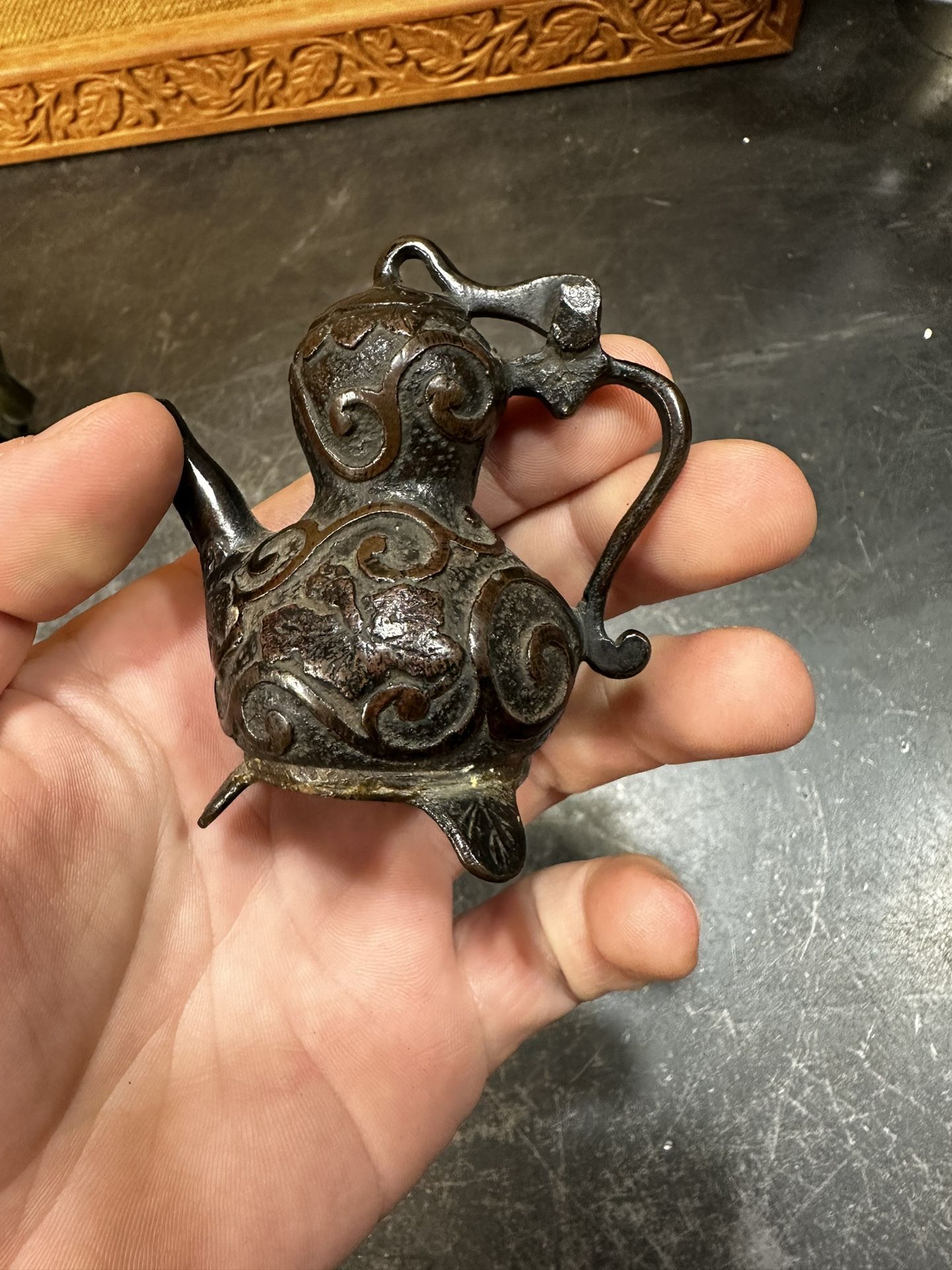 Chinese Republic miniature Teapot bronze water dropper Scholar Gourd Garlic Head