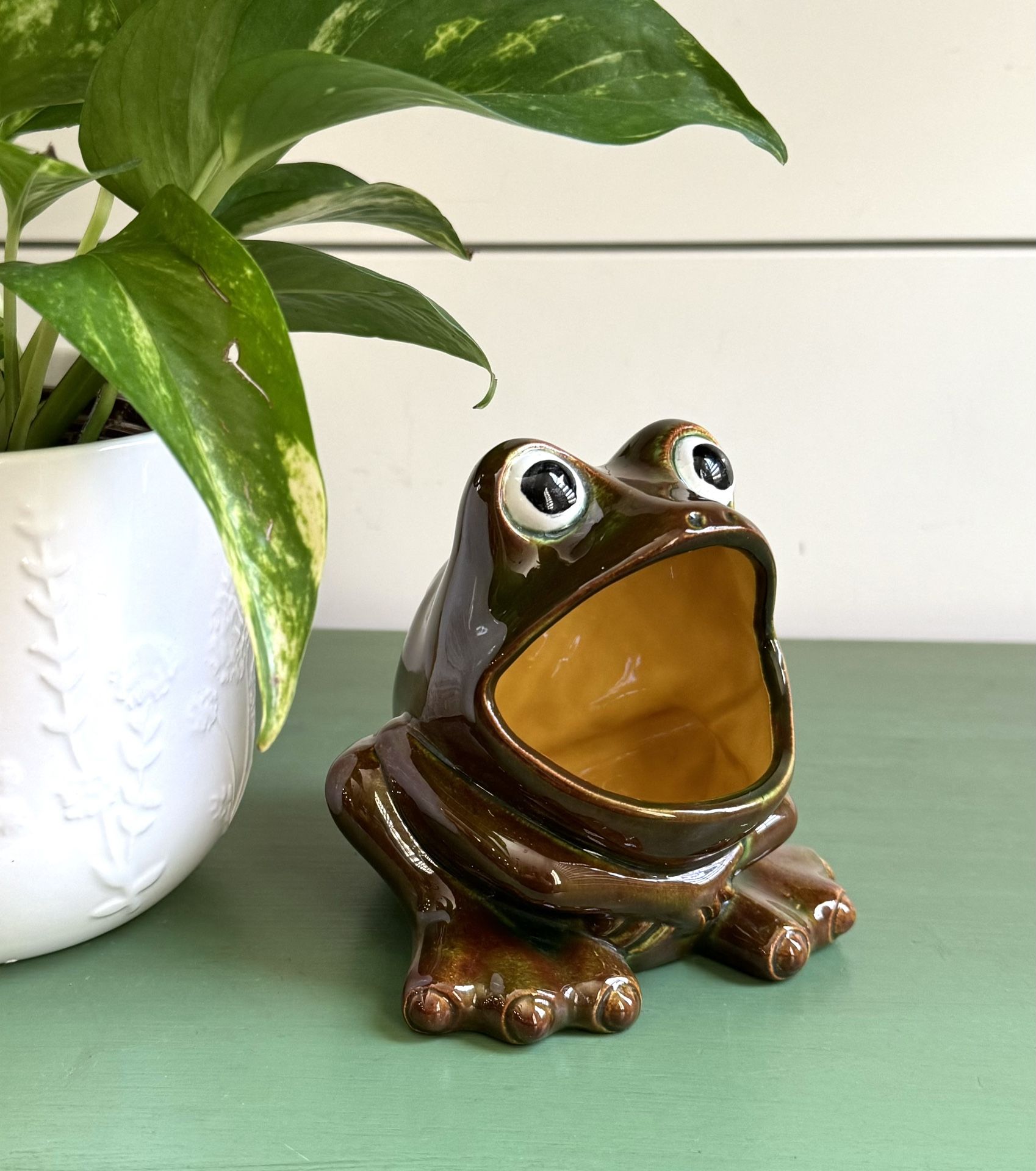 Vintage 1972 Ceramic Wide Mouth Frog Kitchen Scrub Sponge Holder Hand Painted Cottagecore Retro