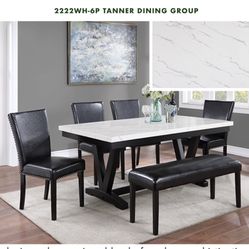 42x72 FAUX MARBLE DINING TABLE WITH CHAIRS AND BENCH 